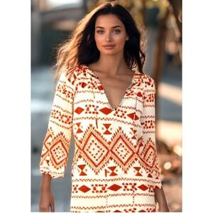 Dolma Skye Dress Womens Size Small V-Neck Tassels Pocket Orange Voile Print EUC